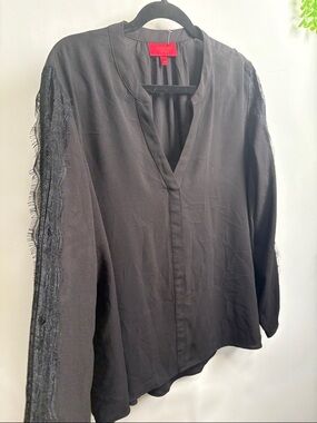 Jennifer Lopez Black V-Neck Long Sleeve Blouse with Fringe Sleeve Detail